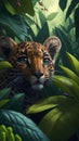 Close up portrait of baby jaguar, tropical forest, Highly Detailed Illustration