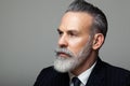 Close-up portrait of bearded gentleman wearing trendy suit over empty gray background. Fashion concept.