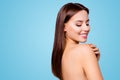 Close up portrait of beautiful amazing fresh young woman with toothy white smile, brown hair, she is looking down on her Royalty Free Stock Photo