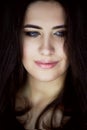 Close-up portrait of beautiful elegant brunette with long hair. In the eyes of the reflection of the lamp. Studio, dark Royalty Free Stock Photo