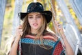 Close up portrait of a beautiful girl in black hat dreamind. Romantic woman. Pretty tenderness model looking at camera Royalty Free Stock Photo