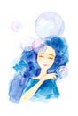 Close-up portrait of a beautiful girl in a blue dress with blue hair and closed eyes.Surrounded by big soap bubbles. Watercolor Royalty Free Stock Photo