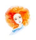 Close-up portrait of a beautiful girl in a blue dress with red hair and blue eyes. Watercolor illustration  on white Royalty Free Stock Photo