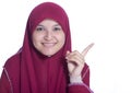 Close-up portrait of Beautiful Muslim Girl point her finger. Over white background Royalty Free Stock Photo