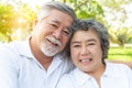 Close up portrait beautiful senior couple hugging, posing in spring park with happy, smile faces. Grandfather and grandmother rela Royalty Free Stock Photo