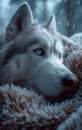 Close-up portrait of beautiful Siberian Husky dog lying on the snow in winter forest at sunset. Royalty Free Stock Photo