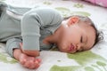 close-up portrait of a beautiful sleeping baby on bed. New family and baby protection from mom concept Royalty Free Stock Photo