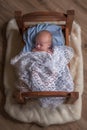 Close-up portrait of a beautiful sleeping baby on wooden bed with white blanket Royalty Free Stock Photo