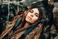 Close up portrait of beautiful tribal woman dancer in headdress