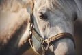 A close up portrait of a beautiful white domestic horse with a halter on its muzzle, whose eye is illuminated by sunlight. Royalty Free Stock Photo