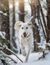 Close-up portrait of beautiful white domestic hunter dog running in the snow between trees in winter forest