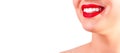 Close up portrait of beautiful wide smile with whitening teeth and perfect red lips of young fresh woman isolated over white Royalty Free Stock Photo