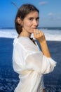 Close up portrait of beautiful woman with jewelry. Caucasian woman at the beach. Beauty and fashion concept. Romantic mood Royalty Free Stock Photo