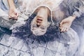 Close up portrait of beautiful woman lying on water with fabric. Royalty Free Stock Photo