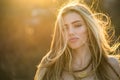 Close-up portrait beautiful young attractive lady. Portrait beauty model girl with natural make up. Wind in hair Royalty Free Stock Photo