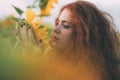 Close-up portrait of beautiful young girl with red wavy hair and freckles enjoying nature on the field of sunflowers. Royalty Free Stock Photo