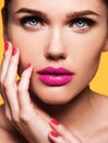 Close up portrait of Beautiful young model with pink lips Royalty Free Stock Photo