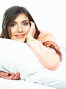 Close up portrait of beautiful young woman in bed. Smiling dre Royalty Free Stock Photo