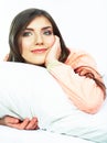 Close up portrait of beautiful young woman in bed. Smiling dre Royalty Free Stock Photo