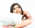 Close up portrait of beautiful young woman in bed. Smiling dre Royalty Free Stock Photo