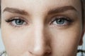 Close-up portrait Beauty women with big blue eyes and dark eyebrows looking at camera.Model with light nude make-up Royalty Free Stock Photo