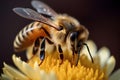 A Close-Up Portrait of a Bee Collecting Pollen on a Flower
