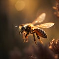 close-up portrait of a bee in mid-flight