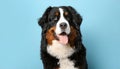 Close up portrait of a bernese mountain dog puppy on a completely light blue background with space for text Royalty Free Stock Photo