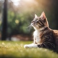 Close up portrait of black tabby Maine Coon cat on green background and sunlight. Adorable young cute cat looking away. Royalty Free Stock Photo