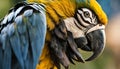 Close up portrait of The blue-and-yellow macaw (Ara ararauna), also known as the blue-and-gold .