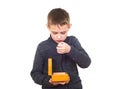 Close up portrait of boy counting money Royalty Free Stock Photo