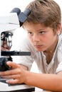 Close up portrait of boy with microscope.