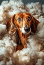 Close Up Portrait of a Brown Dachshund Dog Peeking Out of Fluffy White Blankets, Expressive Eyes Captured on a Cozy Background Royalty Free Stock Photo