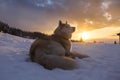 Close-up Portrait Of Brown Siberian Husky Dog Lying On The Snow In The Mountains At Sunset