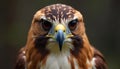 close-up portrait of a brown and white hawk with eyes and a sharp beak, against a dark background Royalty Free Stock Photo