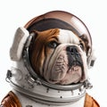 Close-up portrait of bulldog wearing space suit on white background. Royalty Free Stock Photo
