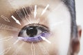 Close-up portrait of businesswoman with binary digits and arrow signs moving towards his eye