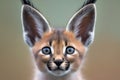 Close up portrait of a caracal kitten with big blue eyes