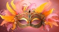 Close Up Portrait of Carnival Venetian Mask with Feathers on Peach Fuzz Background
