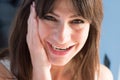 Close up portrait of caucasian young woman with dark long hair a Royalty Free Stock Photo