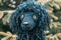 Close up Portrait of a Charming Black Poodle with Curly Fur Amongst Vibrant Green Evergreen Branches