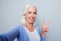 Close up portrait of charming happy cheerful with toothy beaming Royalty Free Stock Photo