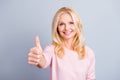 Close up portrait of cheerful glad cute cheerful lovely beautiful attractive confident pretty mature lady making demonstrating th Royalty Free Stock Photo