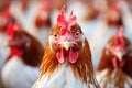 Close up portrait of a chicken on a blurred chicken coop background