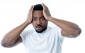 Close up portrait of concern scared shocked adult man with a terrified facial expression Royalty Free Stock Photo