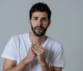 Close up portrait of concern shocked young man with frightened gestures. Scared facial expression Royalty Free Stock Photo