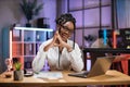 Close up portrait of confident african american financial expert office worker sitting at table Royalty Free Stock Photo