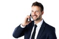 Close-up portrait of confident businessman using phone while standing at isolated white background Royalty Free Stock Photo