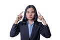 Close-up portrait of confident businesswoman pointing hand as in a gesture of presenting something up with hand to presenting isol Royalty Free Stock Photo