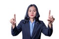 Close-up portrait of confident businesswoman pointing hand as in a gesture of presenting something up with hand to presenting isol Royalty Free Stock Photo